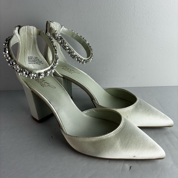 Badgley Mischka Shoes - Jewel by Badgley Mischka Beaded Ankle Strap White Satin Chunky Heels